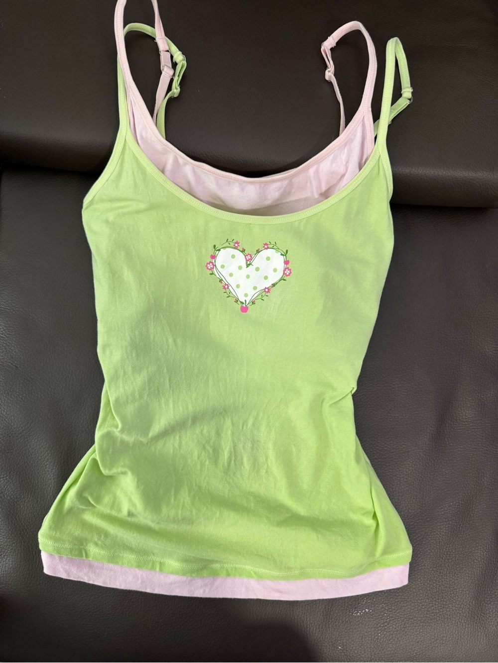 Y2 k Green & Pink Heart-Print Layered Cami Tank Top
